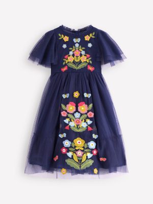 Embroidered Tulle Dress-College Navy