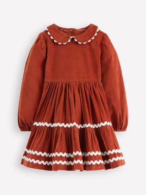 Cord Ric Rac Trim Dress-Roasted Chestnut Brown