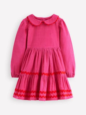 Cord Ric Rac Trim Dress-Raspberry Pink