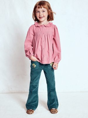 Scalloped Collar Smocked Shirt-Pink Cord