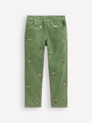 Cord Pull-On Trousers-Broccoli Green Embroidered