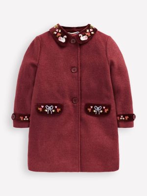 Wool Blend Coat-Chestnut Swan Embroidery