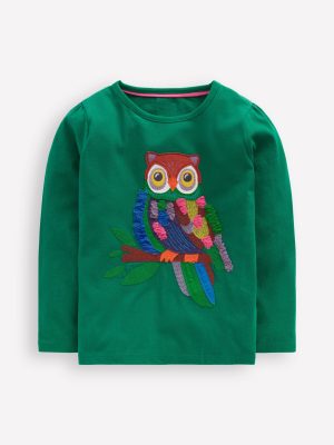 Puff Sleeve Appliqu??  T-shirt-Green Owl