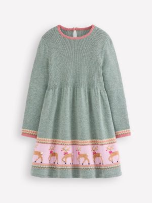 Fair Isle Knitted Dress-Eucalyptus Reindeer Fair Isle