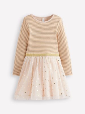 Twirly Tulle Mix Dress-Soft Ivory/ Gold Confetti