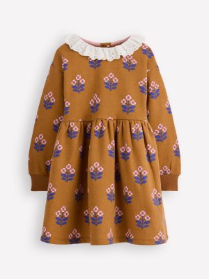 Broderie Sweatshirt Dress-Toffee Brown Flower Stamp