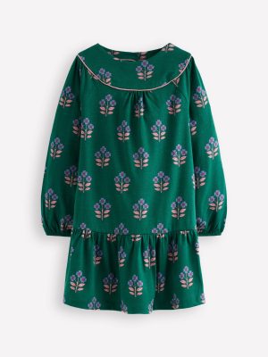 Curved Yoke Jersey Dress-Jewel Green Flower Stamp
