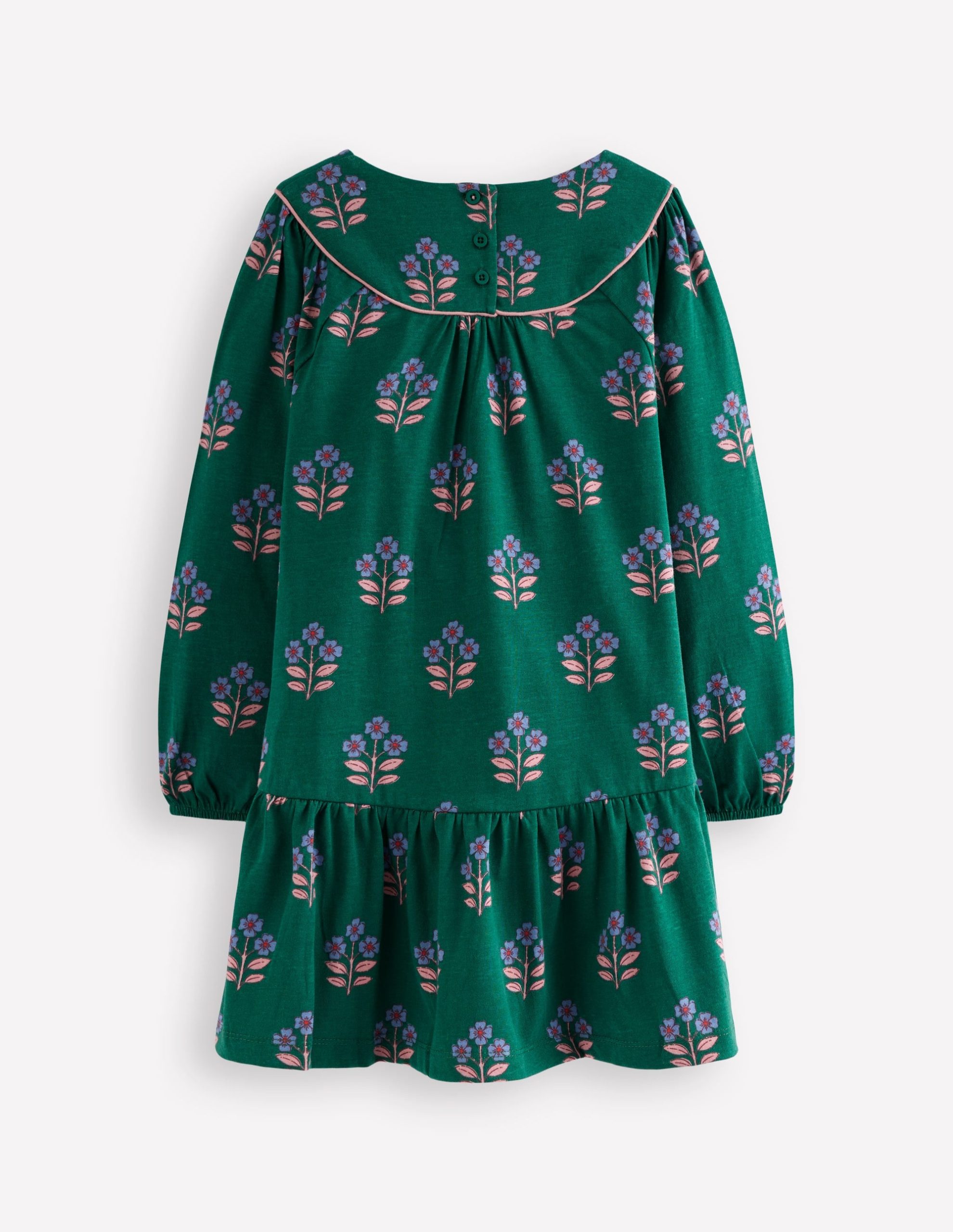 Curved Yoke Jersey Dress-Jewel Green Flower Stamp - Image 2