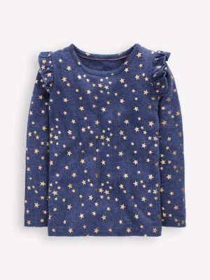Frill Sleeve Pointelle Top-Navy