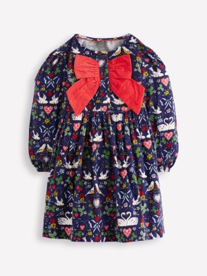 Bow Button Through Dress-Starboard Blue Love Birds