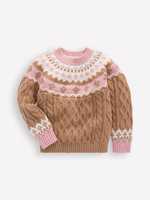 Fair Isle Cable Jumper-Camel Melange