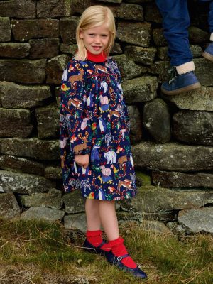 Ruffle Neck Woven Dress-College Navy Christmas Party