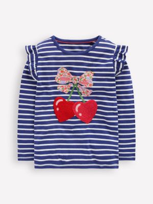 Frill Sleeve Appliqu?? T-shirt-Starboard Blue Cherry Hearts