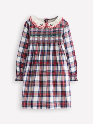 Cosy Collar Detail Smock Dress-Ivory Check