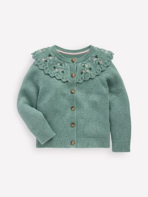 Embroidered Yoke Cardigan-Csarite Green