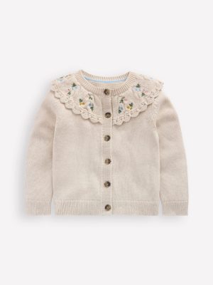 Embroidered Yoke Cardigan-Oatmeal Marl