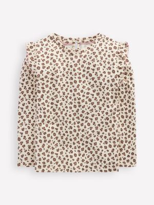 Frill Sleeve Slub Top-Vanilla White Leopard