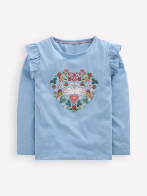 Frill Sleeve Appliqu?? T-shirt-Blue Lovebirds