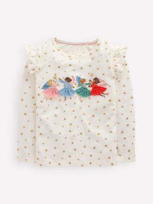 Frill Sleeve Appliqu?? T-shirt-Ivory Fairies