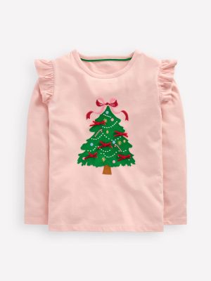 Frill Sleeve Appliqu?? T-shirt-Chalk Pink Christmas Tree