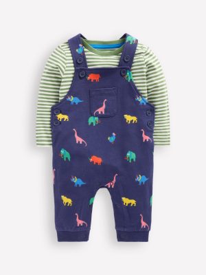 Printed Jersey Dungaree Set-Multi Prehistoric Animals