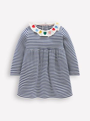 Embroidered Jersey Dress-Starboard Blue Ivory Stripe