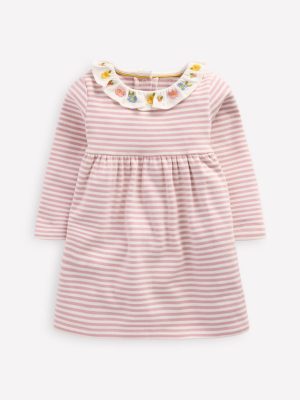 Embroidered Jersey Dress-Vintage Pink Soft Ivory Stripe