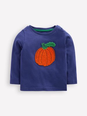 Long Sleeve Appliqu?? T-Shirt-Navy Pumpkin