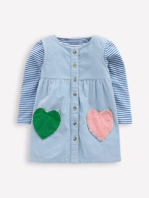 Woven Pinny Dress Set-Glacier Blue Hearts