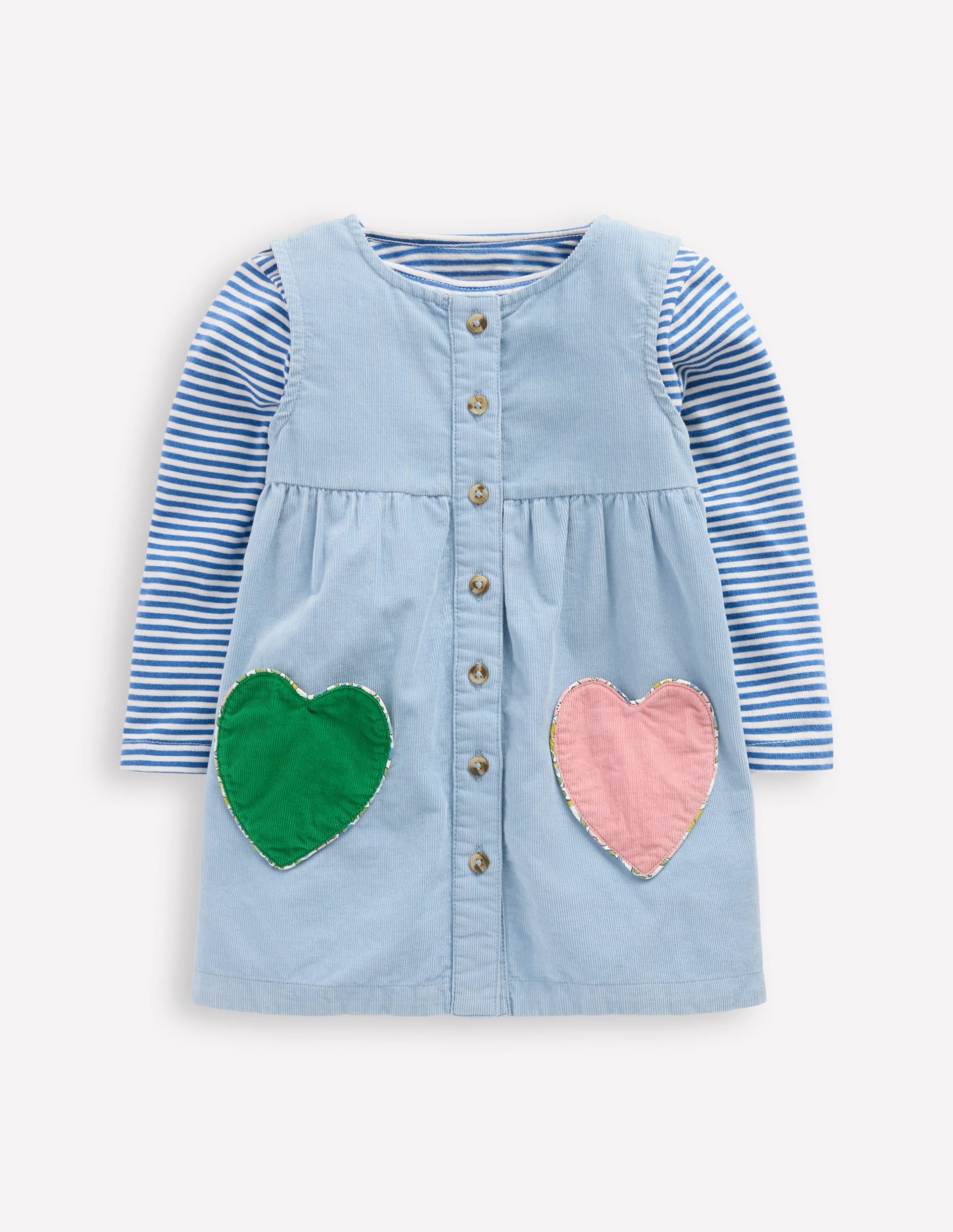 Woven Pinny Dress Set-Glacier Blue Hearts