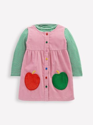 Woven Pinny Dress Set-Pink Apple