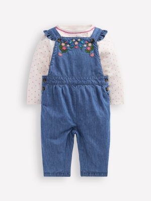 Woven Dungaree Set-Blue Chambray Embroidery