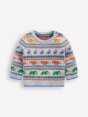 Fair Isle Button Jumper-Grey Marl Prehistoric Animals