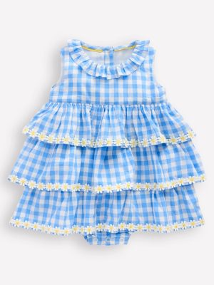 Ruffle Woven Romper-Gingham Daisies
