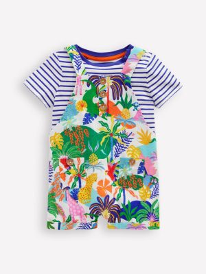 Button Dungaree Set-Coconutmilk Multi Jungle