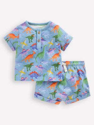 Short Sleeve Printed Play Set-Vintage Blue Dinosaurs