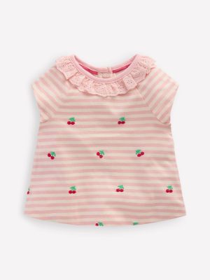 Embroidered Jersey Top-Soft Ivory/ Chalk Pink