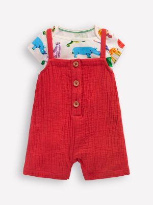 Double Cloth Dungaree Set-Poppy Red Jungle