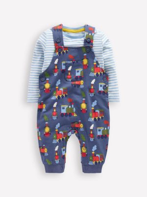 Printed Jersey Dungaree Set-Blue Marl Trains