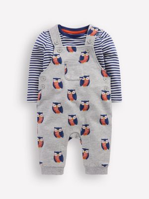 Printed Jersey Dungaree Set-Grey Marl Owls