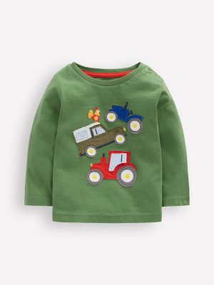 Long Sleeve Appliqu?? T-Shirt-Green Lift The Flap Transport