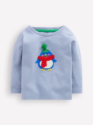 Long Sleeve Appliqu?? T-Shirt-Light Blue Penguin