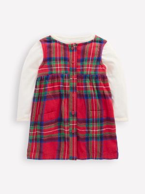 Woven Pinny Dress Set-Red Check