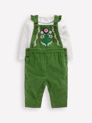 Woven Dungaree Set-Broccoli Green Embroidered