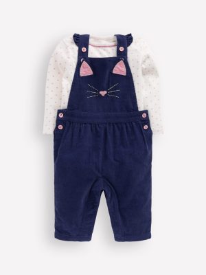 Woven Dungaree Set-Navy Cat
