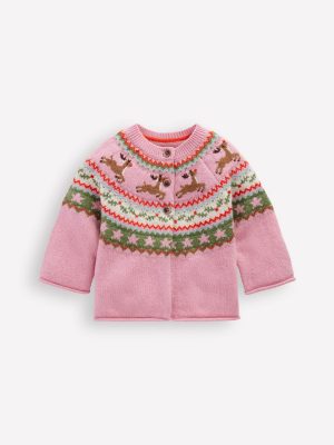 Edie Fair Isle Cardigan-Pink Festive Reindeer