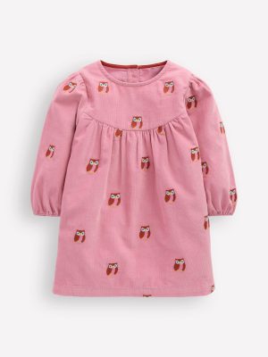 Yoke Detail Woven Dress-Pink Embroidered Owls