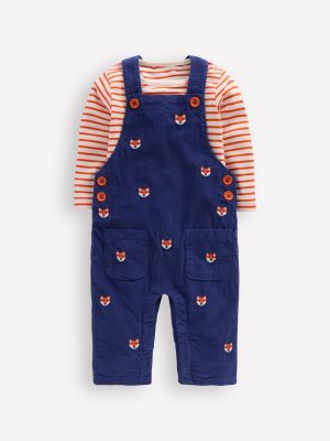Novelty Cord Dungarees Set-Navy Fox Embroidery