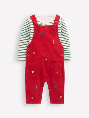 Novelty Cord Dungarees Set-Red Christmas Embroidery