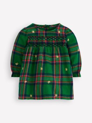 Smocked Occasion Dress-Green Check